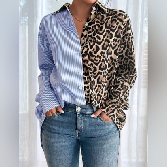 Autumn French Elegant Leopard Print Colorblock Striped Loose Casual Long Sleeve - Picture 1 of 7